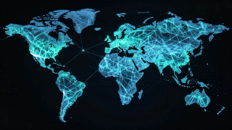 Abstract visualization of a global fiber optic network with glowing nodes and digital data streams.