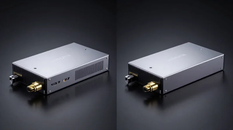 Side-by-side comparison of two different fiber optic transceiver models on a dark reflective studio surface.