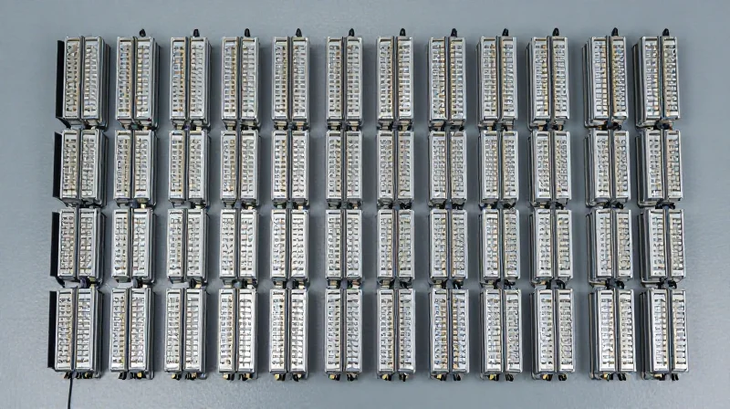 A large collection of optical transceivers neatly arranged in a grid pattern for wholesale.