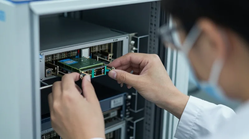 Close-up of a laboratory technician testing a fiber optic transceiver in a high-tech facility.