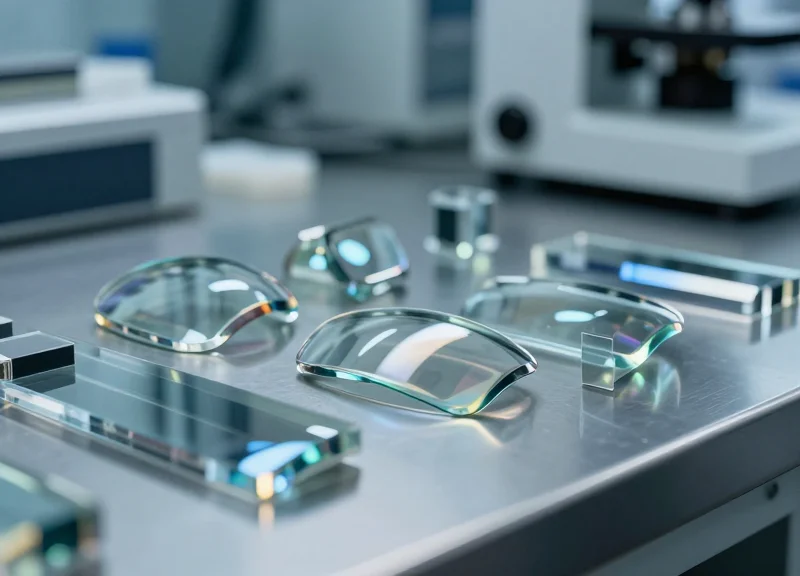 High-precision optical lenses and prisms arranged in a professional manufacturing laboratory setting with clean, cinematic lighting.