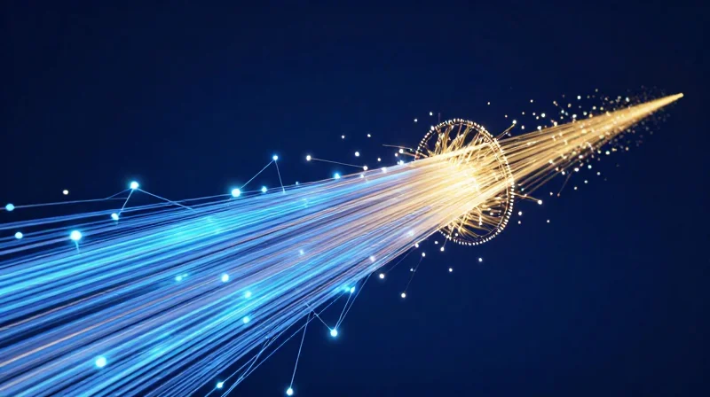 Abstract data visualization of high-speed light pulses and glowing light trails representing data evolution.