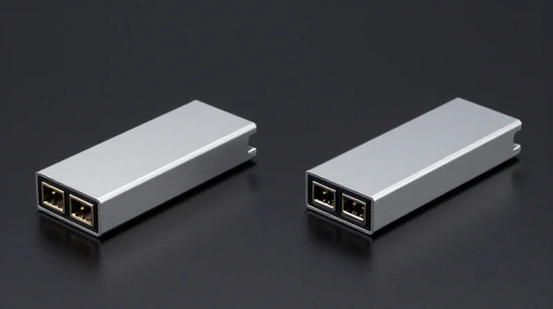 Side-by-side comparison of two metallic fiber optic transceiver modules on a dark reflective surface.