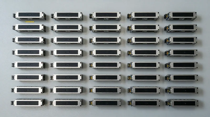 Flat lay photography of multiple identical fiber optic modules neatly arranged in a grid.
