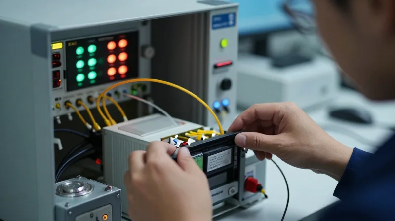 Close-up of a technician testing electronic equipment in a professional laboratory.
