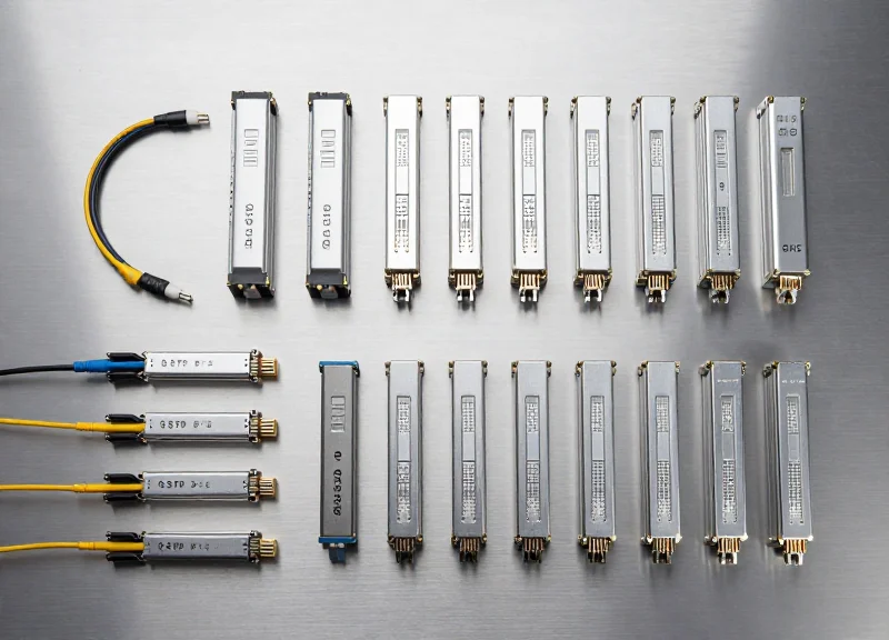 A professional flat lay of multiple high-speed optical transceivers and fiber optic components neatly organized on a technical surface.