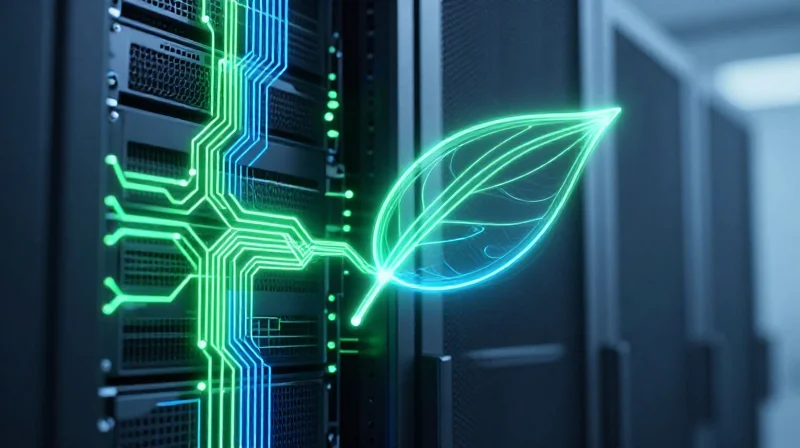 Conceptual art showing energy-efficient data processing with glowing green light trails on a circuit board
