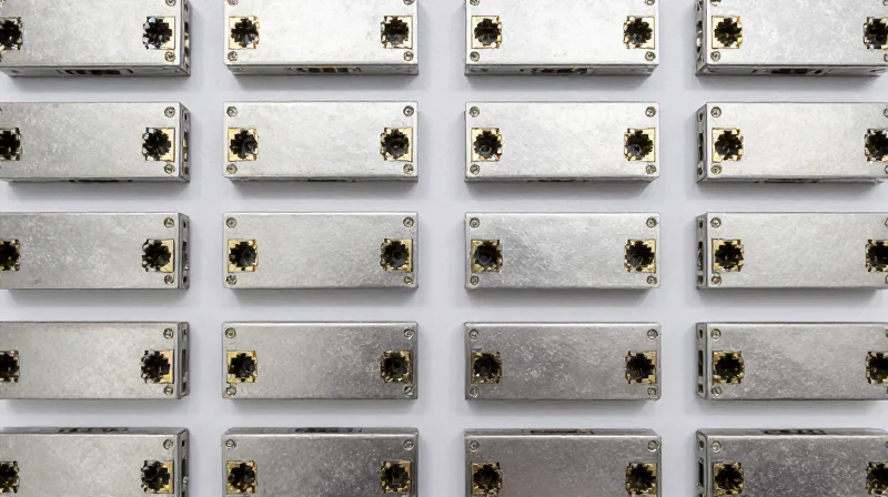 A flat lay photo of multiple identical optical transceiver modules neatly arranged on a high-tech surface