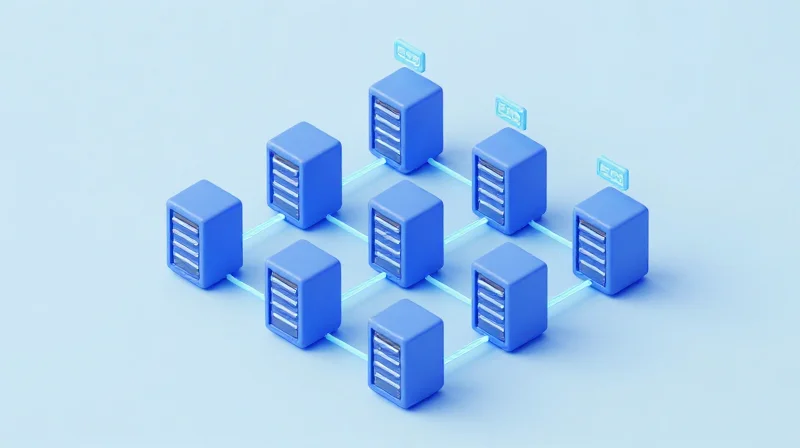Isometric 3D illustration of a modular server network with consistent connections representing reliability