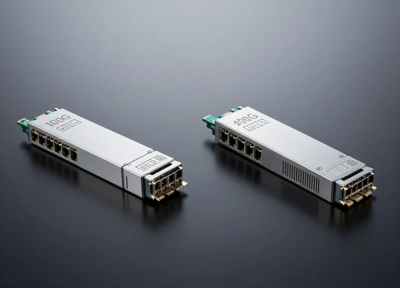 A side-by-side comparison of different optical transceiver modules on a sleek dark surface with professional studio lighting.