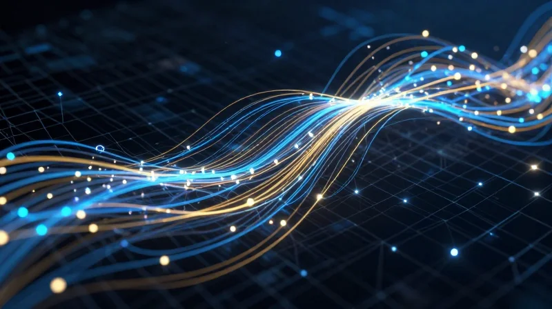 Abstract digital data visualization representing 100G and 400G network backbone with flowing light trails.