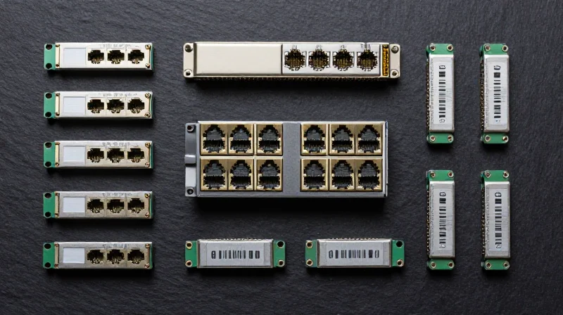 A flat lay arrangement of different optical transceiver form factors like QSFP28 and QSFP-DD.