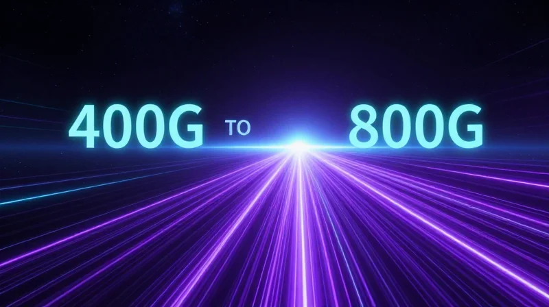 Futuristic conceptual art representing the transition to 800G network technology.