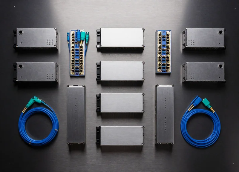 A professional top-down view of neatly arranged high-speed networking transceivers and fiber optic cables on a clean workspace.