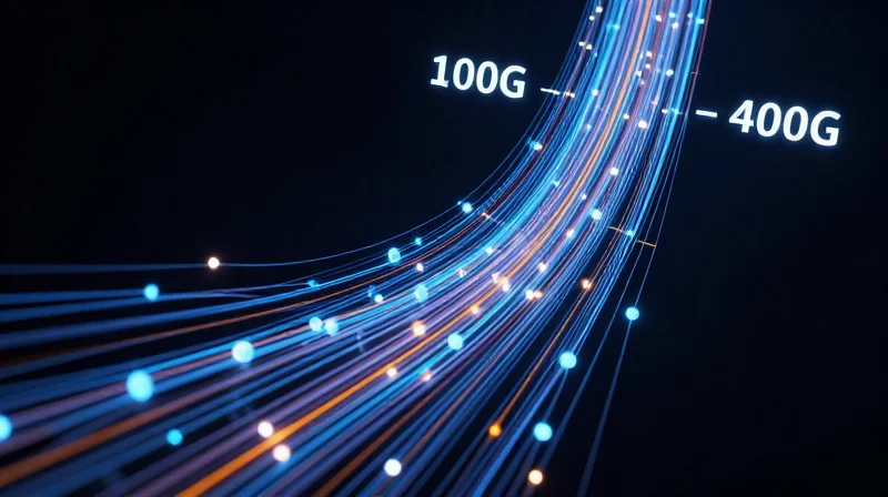 Abstract data visualization showing the transition from 100G to 400G networking speeds with glowing light trails.