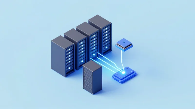 Isometric 3D illustration of a modular data center showing scalable server racks and networking modules.