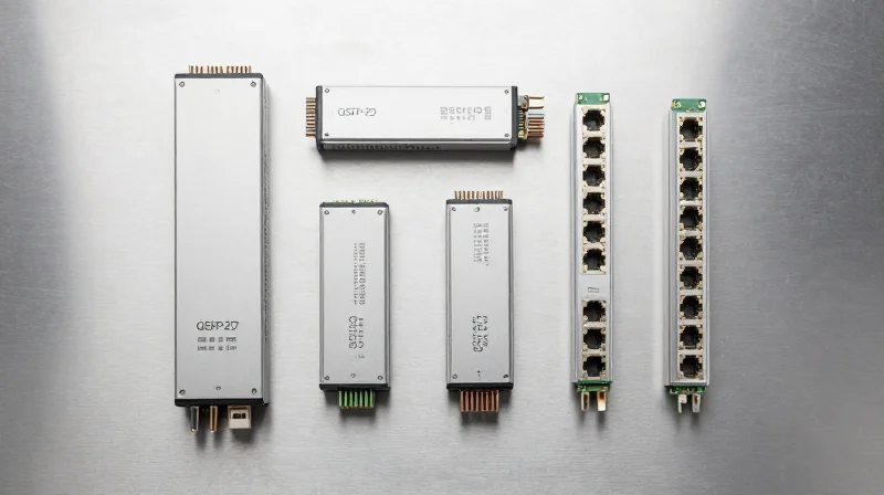 Top-down flat lay view of various networking transceiver modules including QSFP28 and QSFP-DD standards.