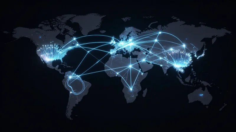 Abstract visualization of a global supply chain network with glowing nodes representing logistics and inventory flow.