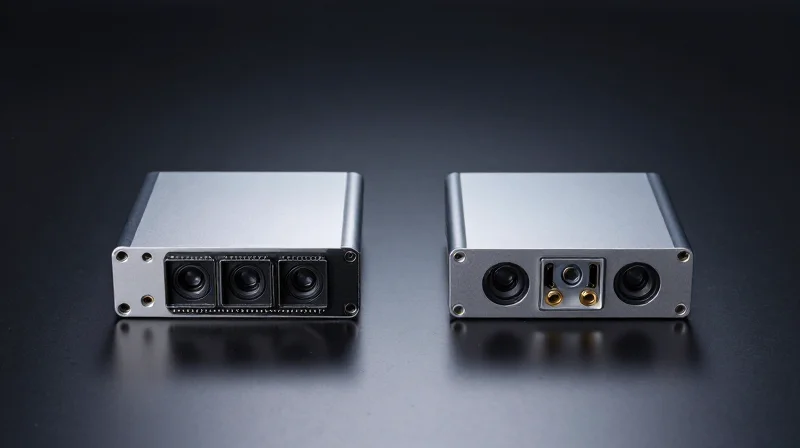 Side-by-side comparison of two different types of networking transceiver modules on a sleek surface.