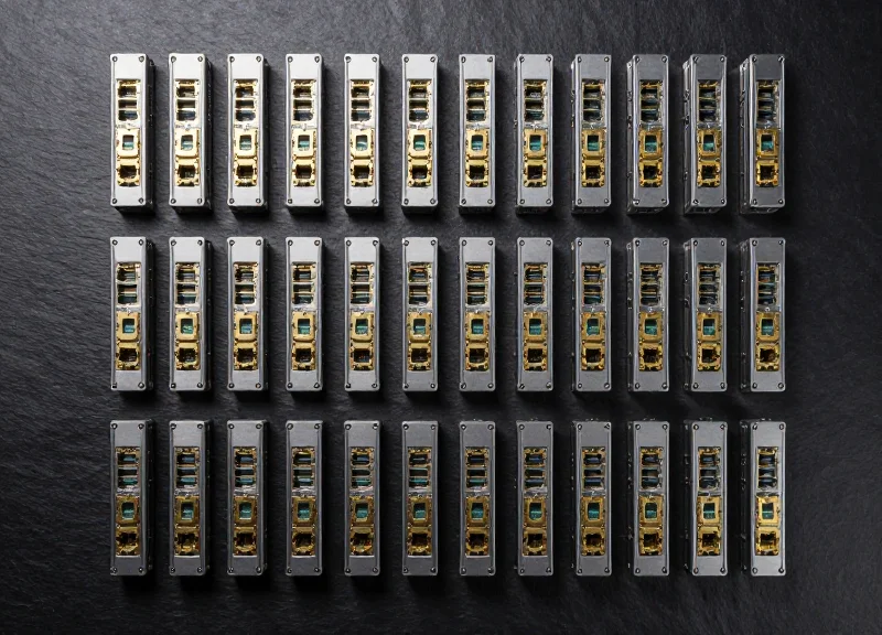 A professional flat lay of numerous high-speed networking optical transceiver modules neatly arranged in a grid on a clean dark surface, representing bulk wholesale supply.