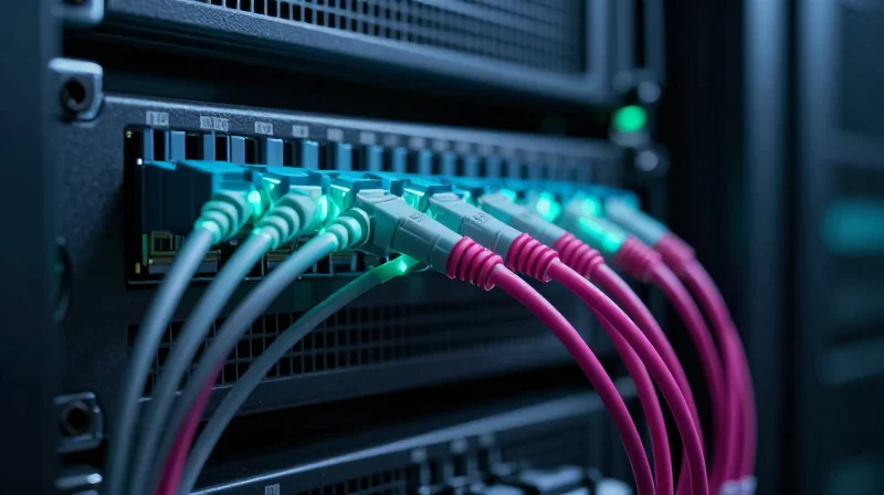 A close-up of high-density fiber optic connections in a modern data center rack with glowing blue and purple lights.