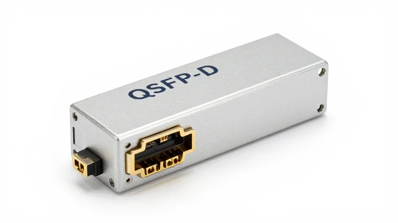 Macro product shot of a high-speed optical transceiver showing its metal housing and gold connector pins.