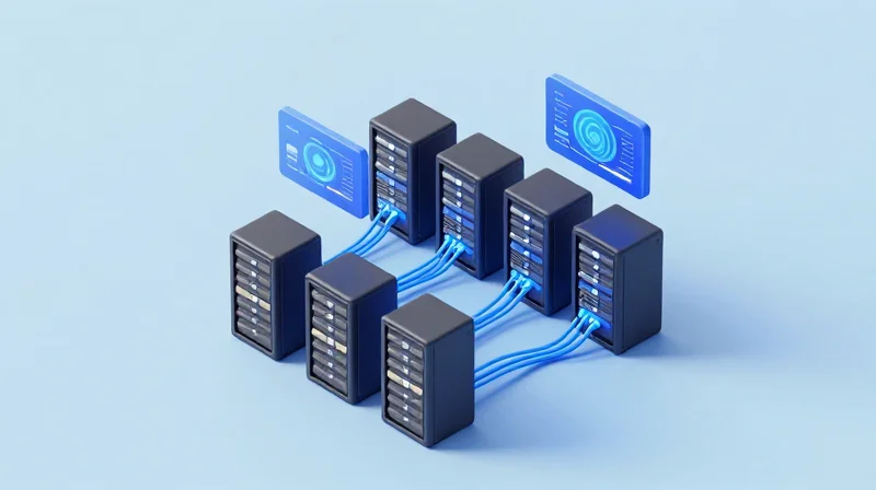 Isometric 3D model of a connected network infrastructure showing server blocks and software layers.