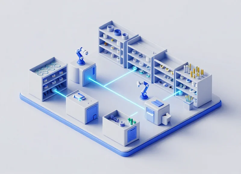 Isometric 3D illustration of a high-tech optical inventory storage system with modular compartments, glass lenses, and glowing data connection lines.