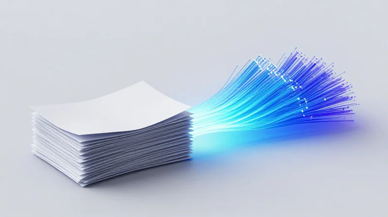 The Evolution of Optical Infrastructure Management Conceptual 3D illustration showing the transition from old paper spreadsheets to glowing digital data streams