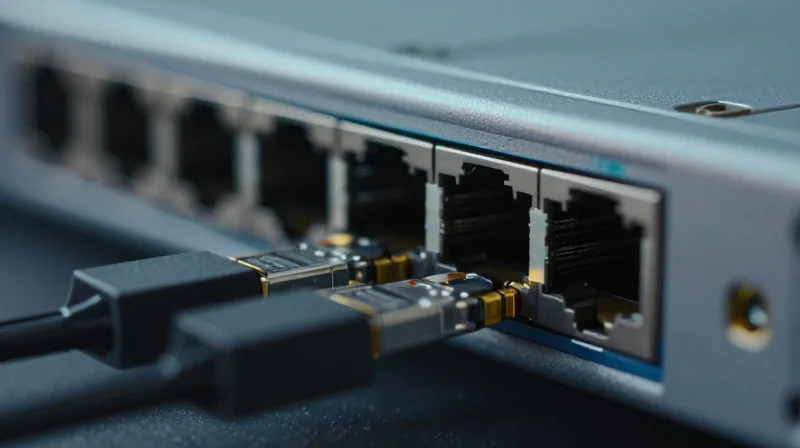 Case Study: Scaling to 400G and 800G Close-up photorealistic shot of a high-speed 800G optical transceiver module in a data center environment