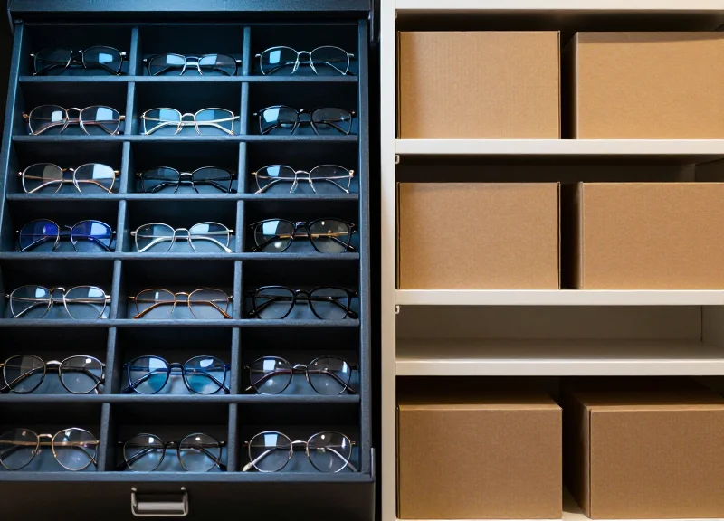 A professional side-by-side comparison layout showing a specialized optical inventory drawer with neatly arranged lenses and frames on the left, and generic storage boxes on the right.