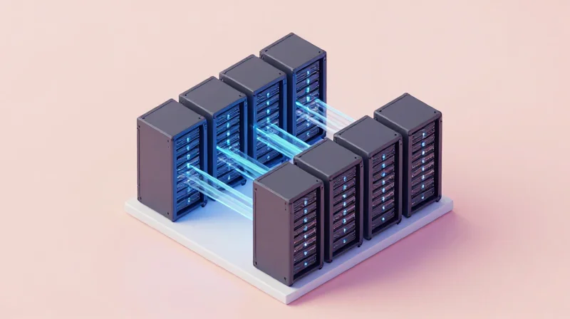 Optimizing Performance for Mission-Critical Data Centers 3D isometric view of a clean, modern data center with glowing server racks.