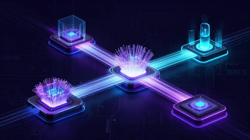 Ensuring Interoperability Across Global Network Environments Abstract digital visualization of different network nodes synchronizing through light trails.
