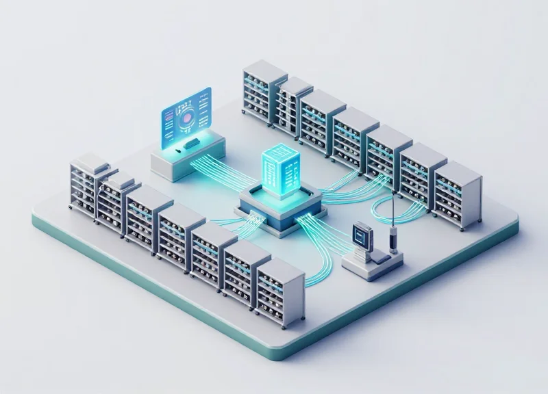 A clean isometric 3D illustration of a futuristic warehouse management system for optical networking components, featuring glowing fiber optic lines and organized storage modules in a blue and white theme.