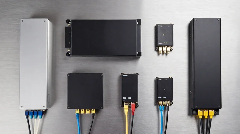 Critical Technical Specifications for Inventory Modules A neatly organized flat lay of various high-speed optical transceivers and fiber optic components on a metallic surface.