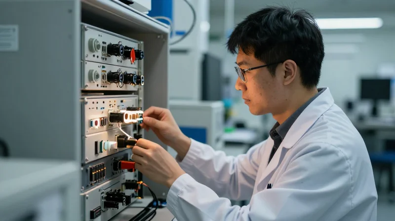 Ubytelink's Edge in Optics Inventory Management A professional technician inspecting optical modules in a high-tech quality control laboratory with cinematic lighting.