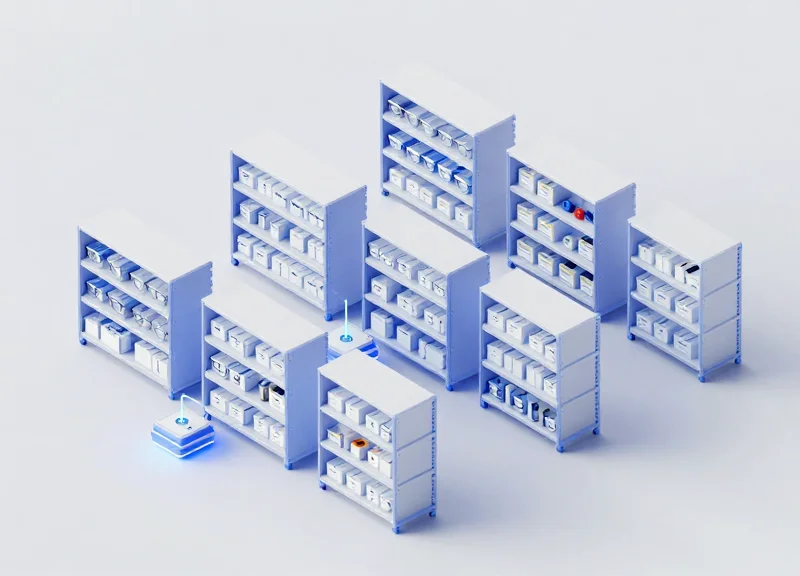 An isometric 3D illustration of a modern optical warehouse featuring organized shelves of eyewear boxes and automated sorting systems, representing wholesale inventory management.