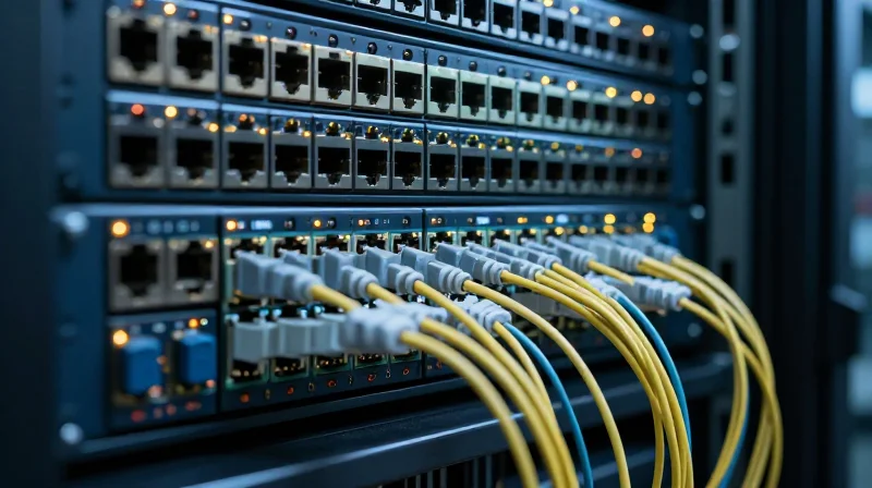 The Death of the Front-Panel: Why Pluggables Are Reaching a Wall A realistic close-up shot of dense optical transceiver modules on a data center switch faceplate