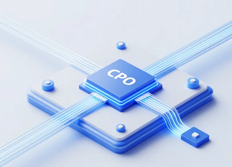Isometric 3D illustration of a co-packaged optics (CPO) module showing the integration of optical fibers and electronic chips on a single substrate.