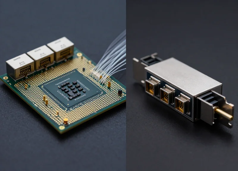 A side-by-side professional comparison between a modern co-packaged optics module integrated on a chip and a traditional pluggable optical transceiver on a dark, high-tech background.