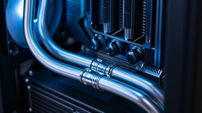 Close-up of advanced liquid cooling components for high-density networking hardware.