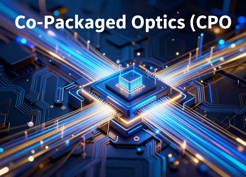 Futuristic visualization of Co-Packaged Optics with glowing fiber optic data streams and interconnected digital nodes in a dark technological environment.
