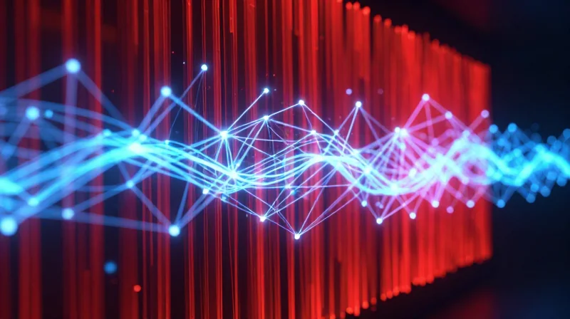 Abstract visualization of glowing data streams overcoming a red heat barrier to represent thermal efficiency.
