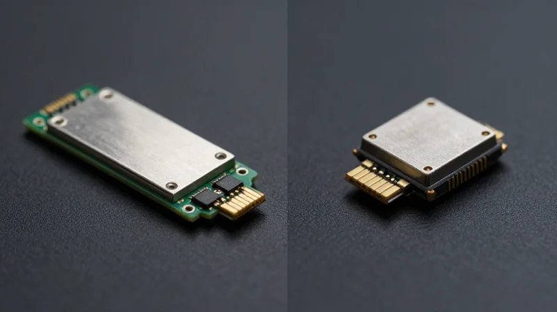 Side-by-side comparison of a traditional pluggable transceiver and a modern co-packaged optics engine.