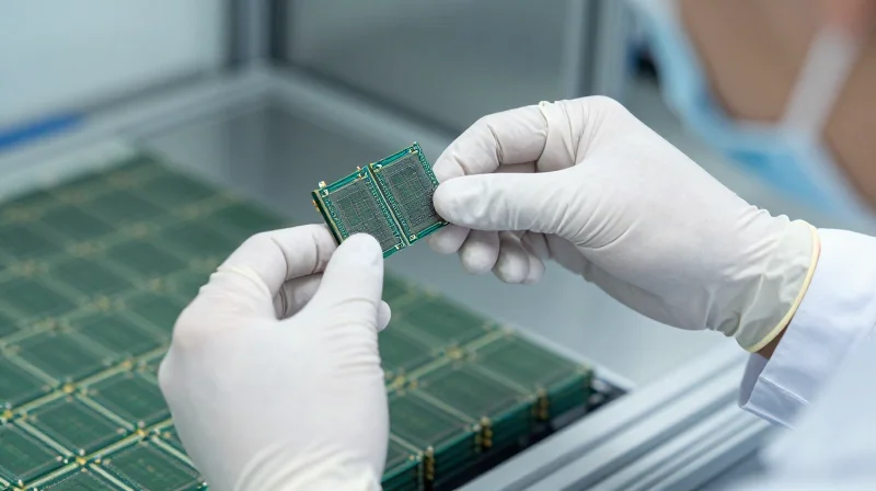 Macro photograph of technician hands in a cleanroom handling silicon photonics components.
