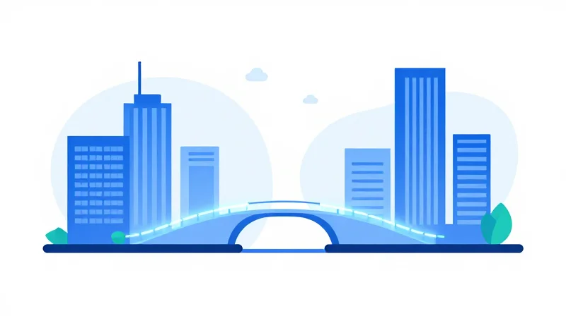 Flat vector illustration of two technology modules connecting via a glowing fiber optic bridge.