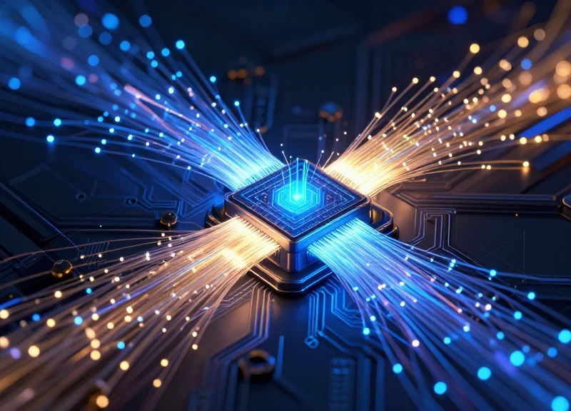An abstract conceptual visualization of Co-Packaged Optics technology featuring glowing fiber optic streams and high-speed data nodes in a futuristic tech environment.
