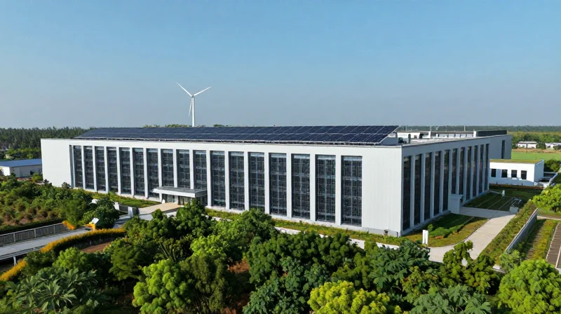 A photorealistic wide shot of a modern sustainable data center integrated with nature and solar panels.