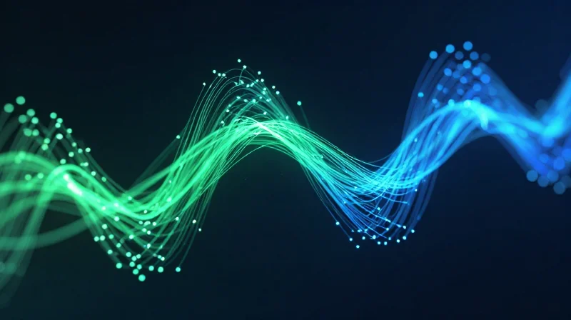 Abstract data visualization representing data center efficiency metrics with glowing nodes.