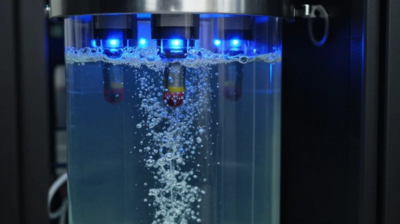 A documentary style shot of a server immersion cooling tank with blue LED lights.
